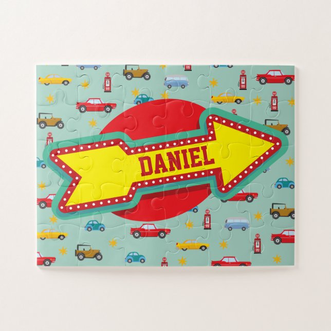 Carro Retro com Nome Quebra-cabeça de Via Jigena (Horizontal)