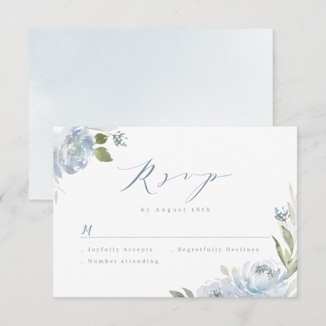 Carro RSVP de casamento floral azul empoeirado do  (Frente/Verso)
