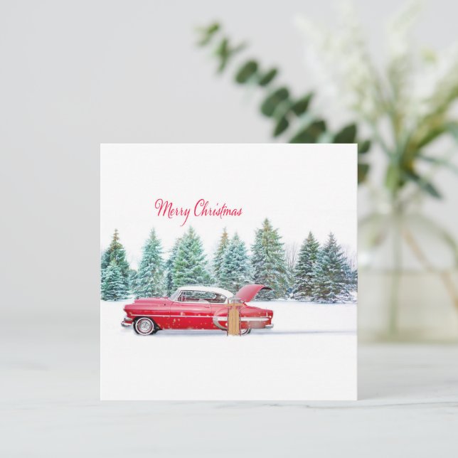 Carro vermelho vintage de Natal com paisagem nevad (Em pé/Frente)