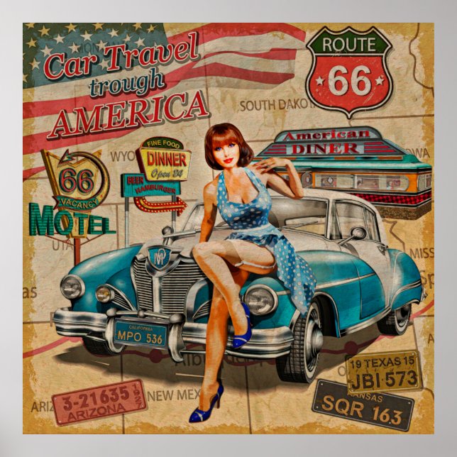 Carro viagem através do poster vintage americano.  (Frente)