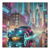 Carro vintage Cyberpunk na cidade de Neon - Futurí