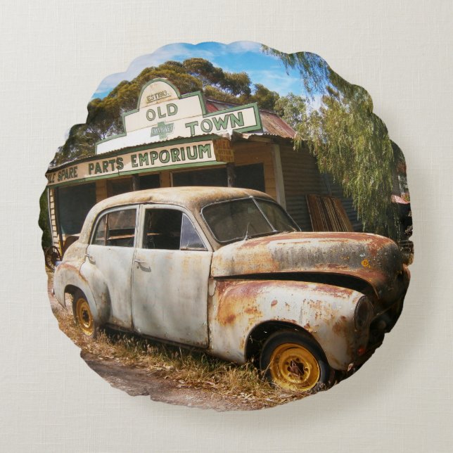 Carro vintage E Garagem, Almofada Redonda (Frente)