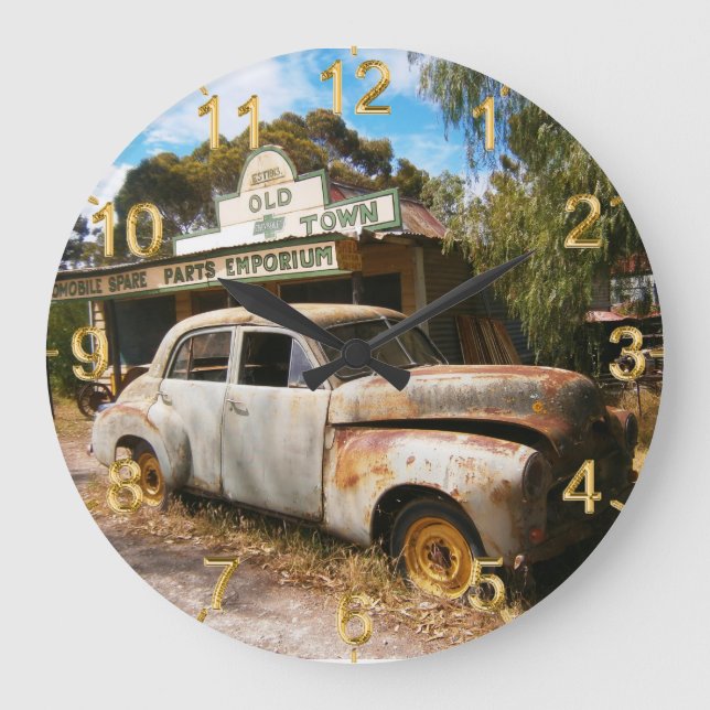 Carro vintage E Garagem, Relógio De Parede Redonda (Frente)