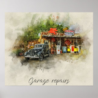 carro vintage fora da antiga poster de garagem