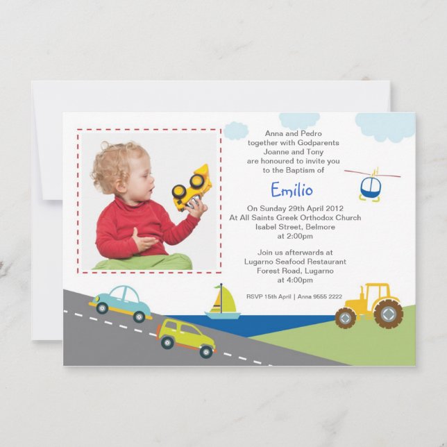 Carros e Caminhões - Convites de Batismo (Frente)