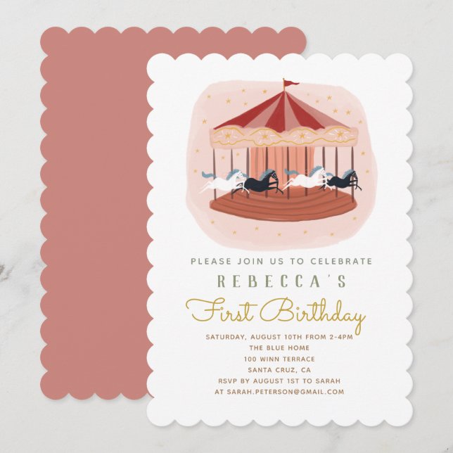 Carrossel Rosa Primeiro Convite de Aniversário (Frente/Verso)