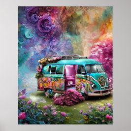 Carruagem doce Combi com flores Poster dos anos 70