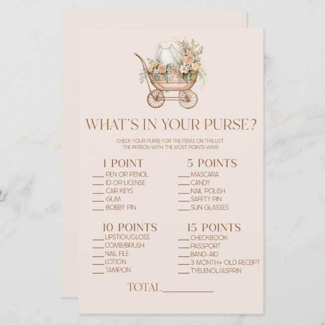 Carruagem Floral O que há no jogo do Chá de fralda (Frente/Verso)