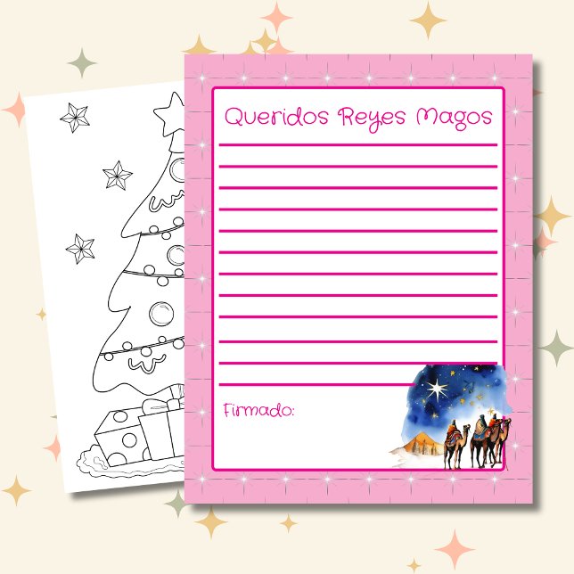Carta à Página de Coloração Rosa dos Três Sábios (Spanish Letter to the wise men pink, custom text, name & language. Con Jesus en el camino)