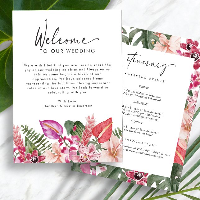 Carta de Boas-Vindas Tropical (Tropical Floral Wedding Welcome Letter Itinerary by Painted Paperie
)