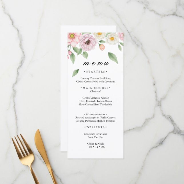 Carta de Menu de Casamento Botânico Rosa Branca Be (Frente/Verso In Situ)