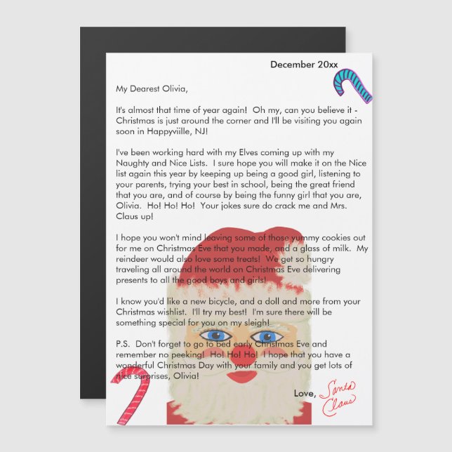 Carta de Papai Noel Bengalas Nome da Criança (Frente/Verso)