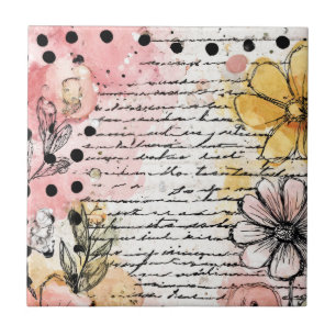 Carta Floral Vintage com Flores Rosa e Amarelas