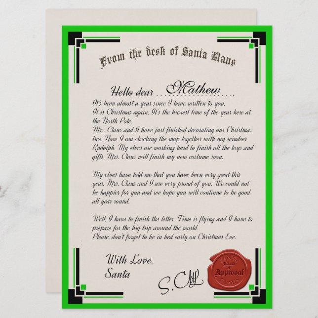 Carta Oficial Do Cartão De Férias Do Papai Noel (Frente/Verso)