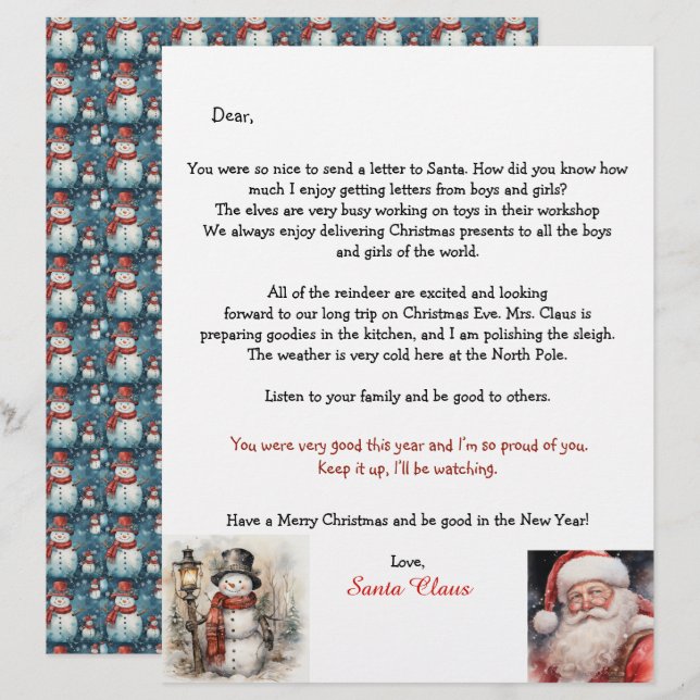 Carta Personalizada do Papai Noel Boneco de Neve (Frente/Verso)