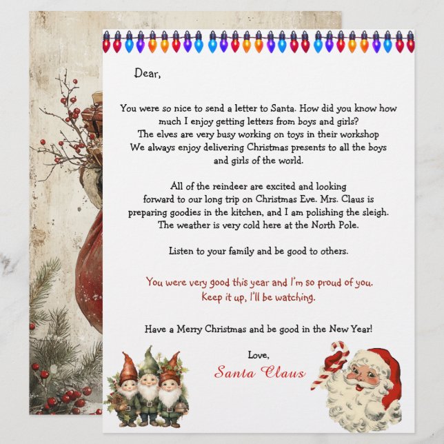 Carta Pessoal Dos Elfos Luzes Do Papai Noel (Frente/Verso)