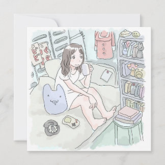 CARTÃO さにさなじ　水色のお部屋のベッドに腰掛けてマグカップの飲み物を飲む女性のイラスト