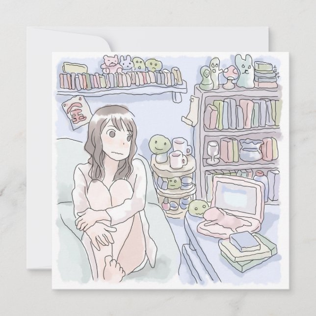 CARTÃO さにさむじ　青いお部屋でソファに座ってぼんやりする女性のイラスト (Frente)
