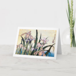 Cartão 杜若ときりぎりす, íris do 北斎 e gafanhoto, Hokusai