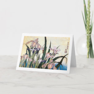 Cartão 杜若ときりぎりす, íris do 北斎 e gafanhoto, Hokusai