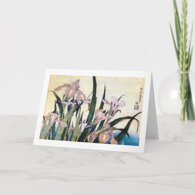 Cartão 杜若ときりぎりす, íris do 北斎 e gafanhoto, Hokusai (Frente)
