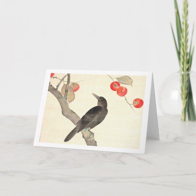 Cartão 柿に烏, caqui do 抱一 e corvo, Hōitsu (Frente)