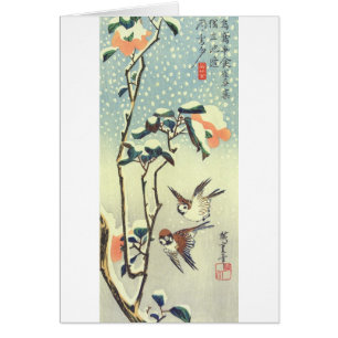 Cartão 椿に雀, camélia do 広重 e pardal, Hiroshige,