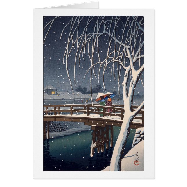 Cartão 江 戸 川 雪 宵, neve noturna em Edogawa, Hasui Kawase (Frente)