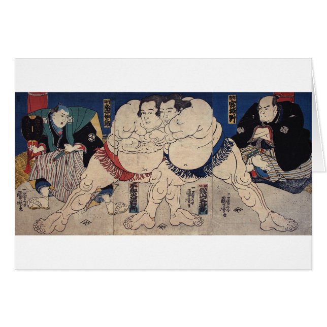 Cartão 相 撲, 国 芳 Sumo Luta, Kuniyoshi, Ukiyo-e (Frente Horizontal)