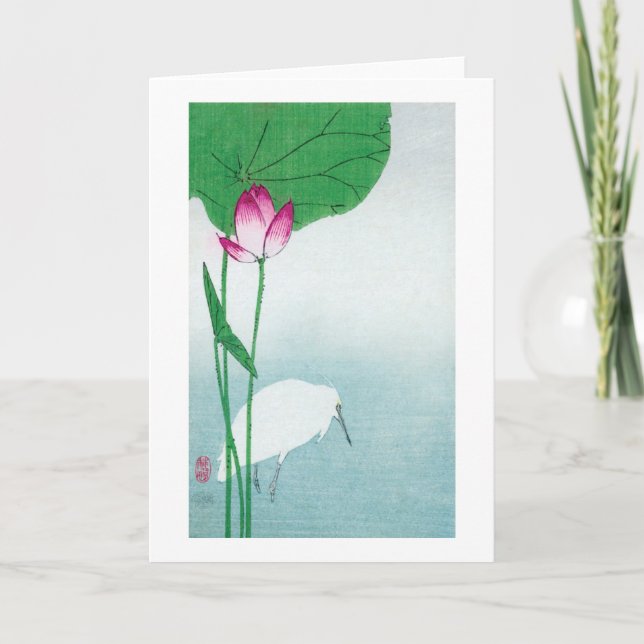 Cartão 蓮に白鷺, 小原古邨 Lotus & garça-real branca, Koson, (Frente)