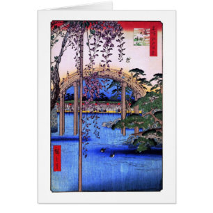 Cartão 藤と太鼓橋, glicínias do 広重 e ponte arqu