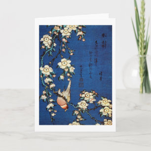 Cartão 鳥と枝垂桜, pássaro do 北斎 e árvore de c