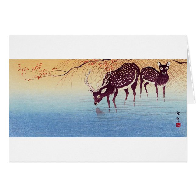 Cartão 鹿, 小 原 邨 Deer, Ohara Koson, Ukiyo-e (Frente Horizontal)