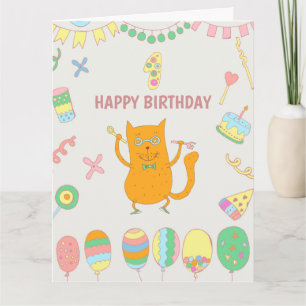 Cartão 1º aniversário. Balões e gato vermelho.