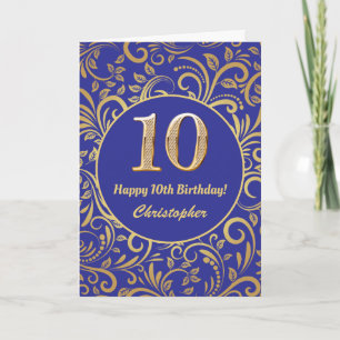 Cartão 10º Aniversário Marinho Azul e Dourado Padrão F