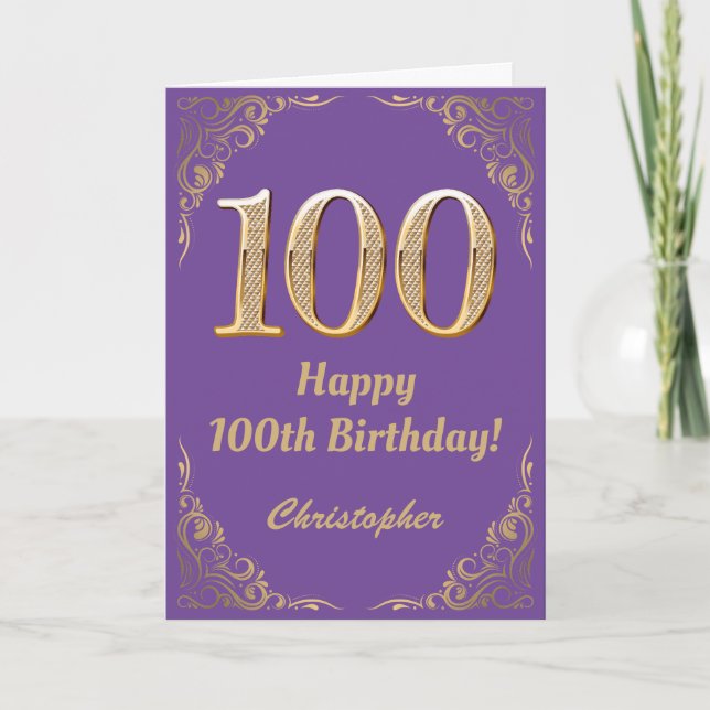 Cartão 100º aniversário da Roxa e da Dourada Glitter Fram (Frente)