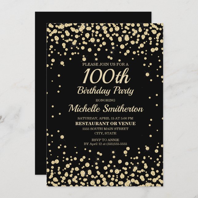 Cartão 100º aniversário das mulheres Douradas com diamant (Frente/Verso)