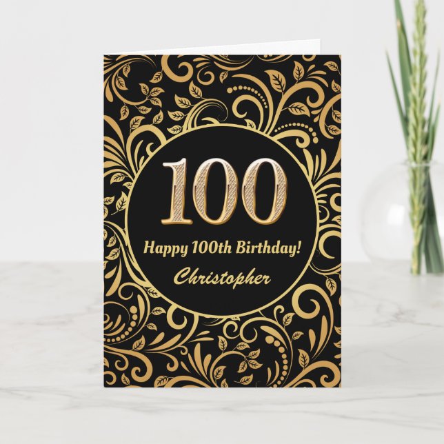 Cartão 100º Aniversário - Preto e Dourado Padrão Floral (Frente)