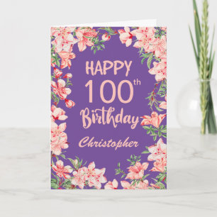 Cartão 100º Aniversário Púrpura Rosa Pêssego Pêssego Mola