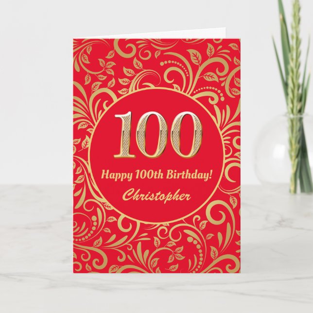 Cartão 100º Aniversário, Vermelho e Dourado Padrão Floral (Frente)