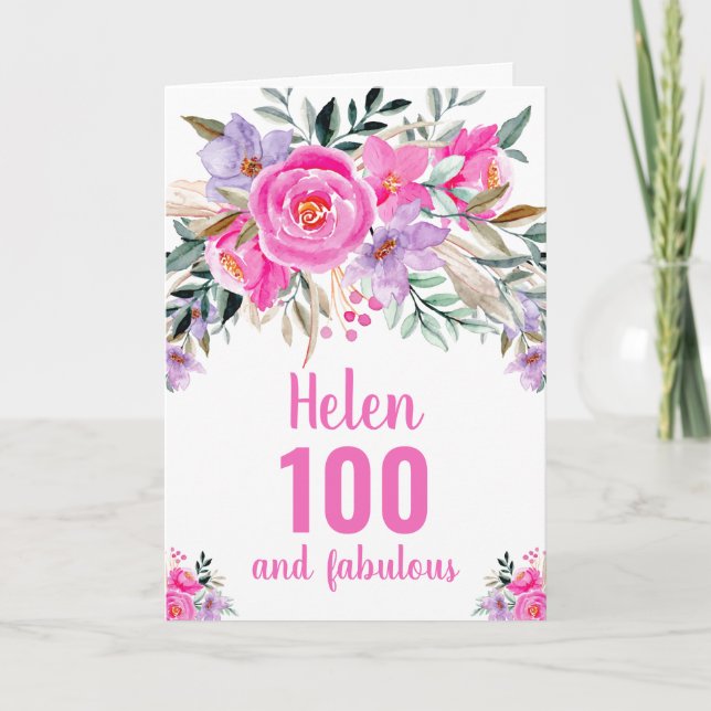 Cartão 100.º aniversário cor-de-água rosa floral (Frente)