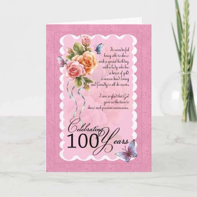 Cartão 100 years old greeting card - roses and butterflie (Frente)