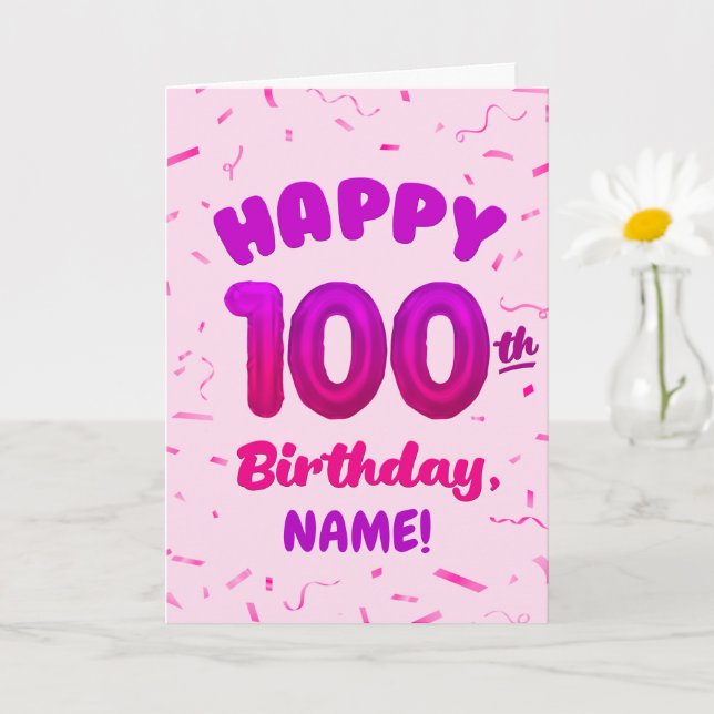 Cartão 100th Balloon Number Custom Name Birthday Card (Planta pequena)