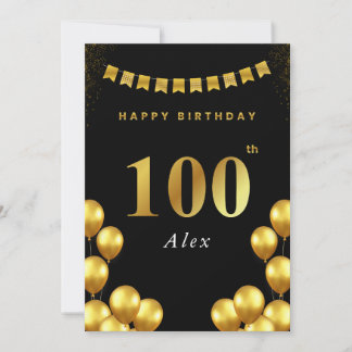 Cartão 100th Birthday Card Black and Gold Balloons