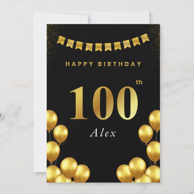 Cartão 100th Birthday Card Black and Gold Balloons (Frente)