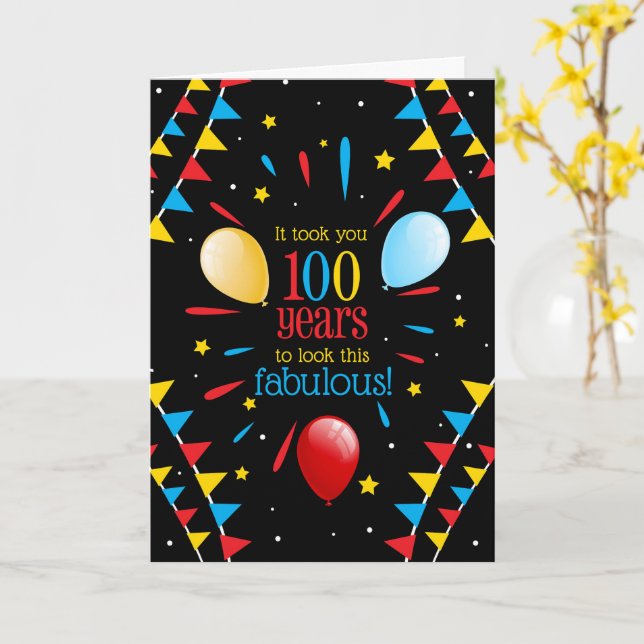 Cartão 100th Birthday Looking Fabulous Flags and Balloons (Flor Amarela)