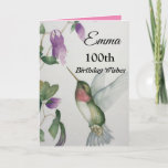 Cartão 100th Birthday Wishes Elegant Hummingbird Flower<br><div class="desc">Celebrate her 100th birthday with an elegant hummingbird design on a charming greeting card. Created from my original watercolour painting, the lovely little bird and flower image will brighten the day for birdwatchers, gardeners and nature lovers. The special woman in your life will love the pastel colours of cream, pink...</div>