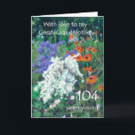 Cartão 104th Birthday Card for Grandmother - June Garden<br><div class="desc">A floral 104th birthday card for a great-grandmother,  with poppies in a colourful flower bed,  from an oil pastel painting by Judy Adamson. Please contact me through my store if you would like the front cover text changed and feel free edit or delete the inside greeting yourself.</div>