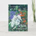 Cartão 104th Birthday Card for Grandmother - June Garden<br><div class="desc">A floral 104th birthday card for a grandmother,  with poppies in a colourful flower bed,  from an oil pastel painting by Judy Adamson. Please contact me through my store if you would like the front cover text changed and feel free edit or delete the inside greeting yourself.</div>