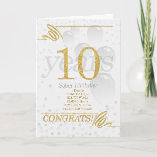 Cartão 10 Anos De Sober Birthday Faux Glitter Dourado
